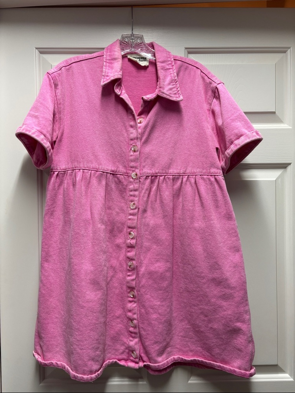 Savanna Jane Pink Button-Front Short Sleeve denim babydoll ruffle mini dress S